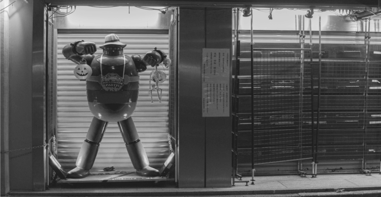 This image of a robot in a Halloween store illustrates our discussiont topic: Bionic infringers, and keeping brands safe from cyberattacks during spooky season.