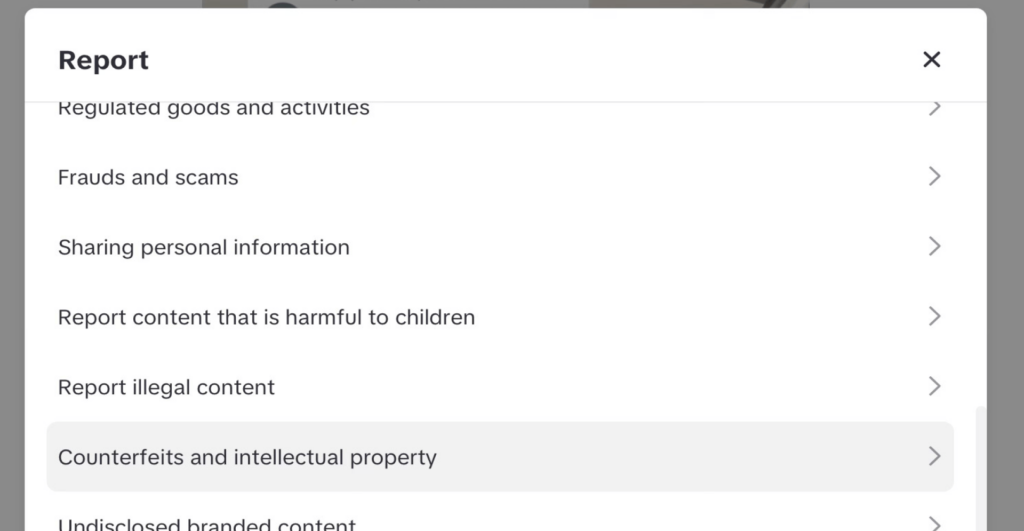 This image of the TikTok reporting screen illustrates our discussion topic: How to remove a fake TikTok account to protect brands, VIPs, and executives.