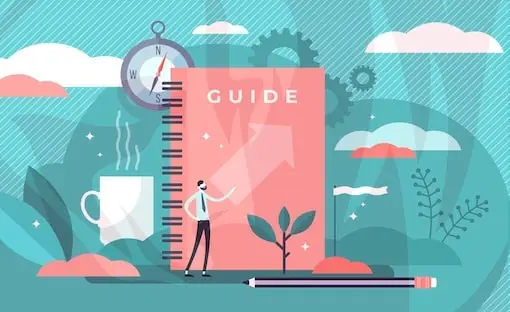 A stylized illustration featuring a guidebook, compass, coffee cup, pencil, and plants, symbolizing direction and growth.