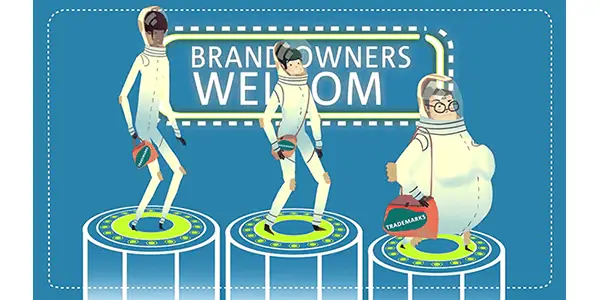 Three animated figures in white suits stand on platforms holding bags labeled "trademarks" in front of a sign that reads "Brand Owners Welcome.